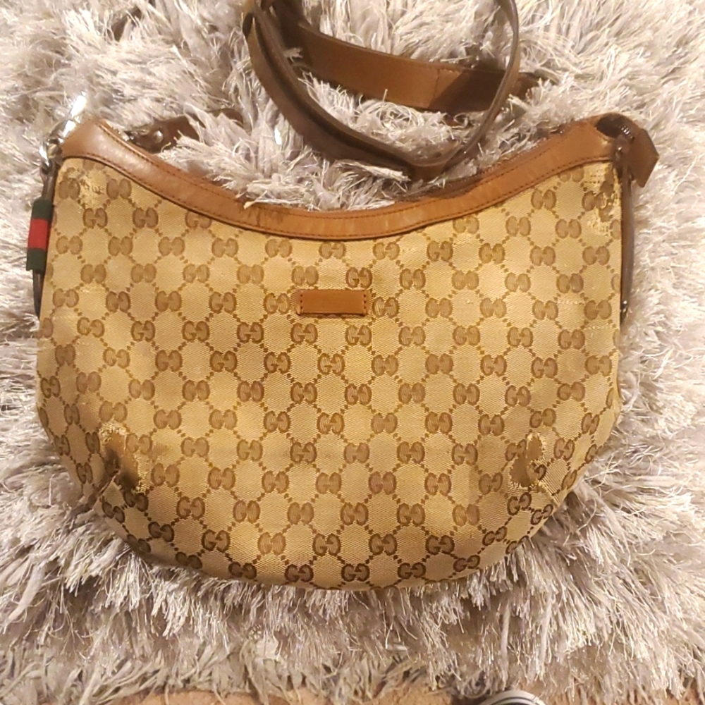 GUCCI Monogram Medium Half Moon Hobo Brown